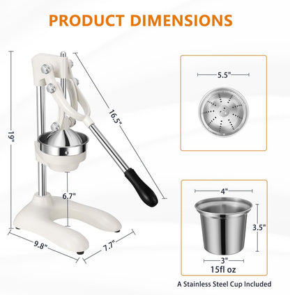 TONGCHANT Manual Juicer, Heavy Duty Cast Iron Juicer | Hand Press Juicer for Orange Lemon Lime Pomegranate & Citrus Fruits, High Leverage for Easy Juicing, Stainless Steel Cup, Easy to Clean, Black
