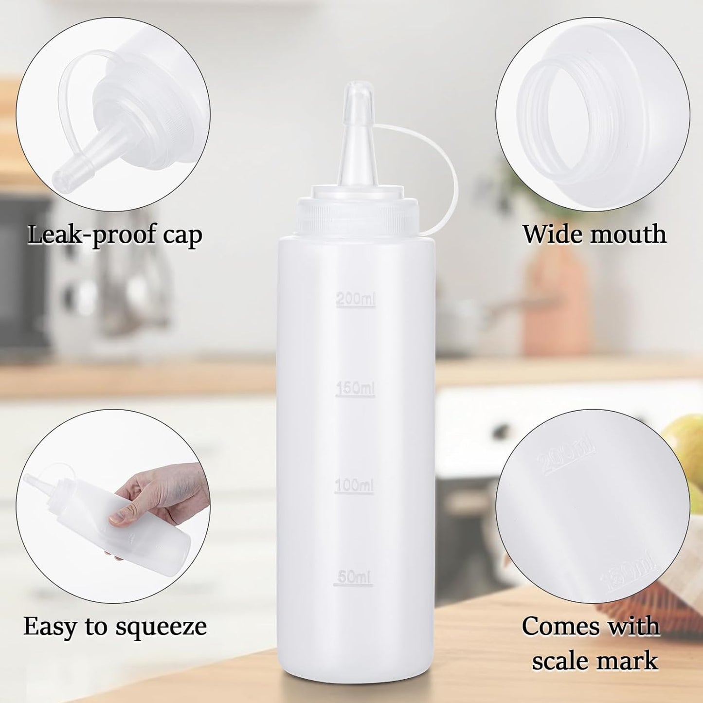Premium Leak-Proof Squeeze Bottles Plastic Sauce, Ketchup, Condiment & Syrup Dispenser for Kitchen, Pancake Batter, Salad Dressing, Cooking Oil - BPA Free, Dishwasher Safe (4, 12oz)