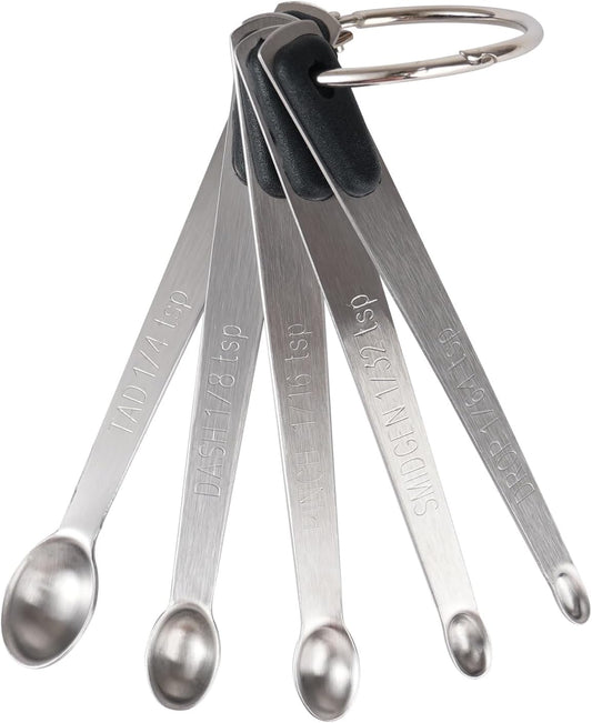 Mini Measuring Spoons Set, Tiny Stainless Steel Measure Teaspoons with Black Silicone Handle, Suitable for Small Amount of Dry or Liquid Ingredients and Spices (1/64, 1/32, 1/16, 1/8, 1/4 tsp)