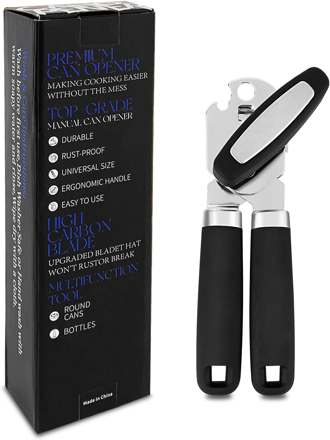 KTOJOY Heavy Duty Stainless Steel Smooth Edge 3-In-1 Multifunctional Manual Strong Can Bottle Opener – Soft-Grip Black