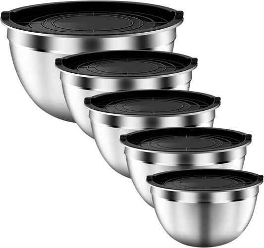 Mixing Bowls with Airtight Lids Set, 5 PCS Stainless Steel Khaki Nesting Bowls for Kitchen, Large Prep Metal Mixing Bowls for Kitchen, 5.5/4/3.5/2/1.5 QT for Mixing & Serving