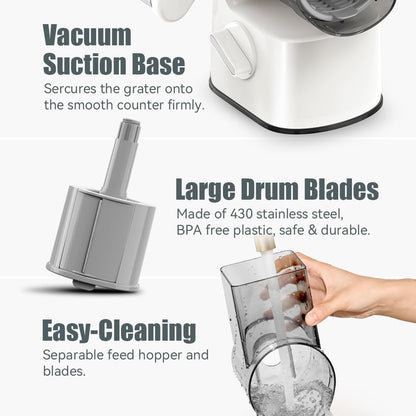 Safe Vegetable Mandoline Slicer Large Multifunctional Rotary Cheese Grater Hand Crank Easy Rotating Veggie Shredder Anti-Cutting, 3 Interchangeable Blades (WhiteGrey)