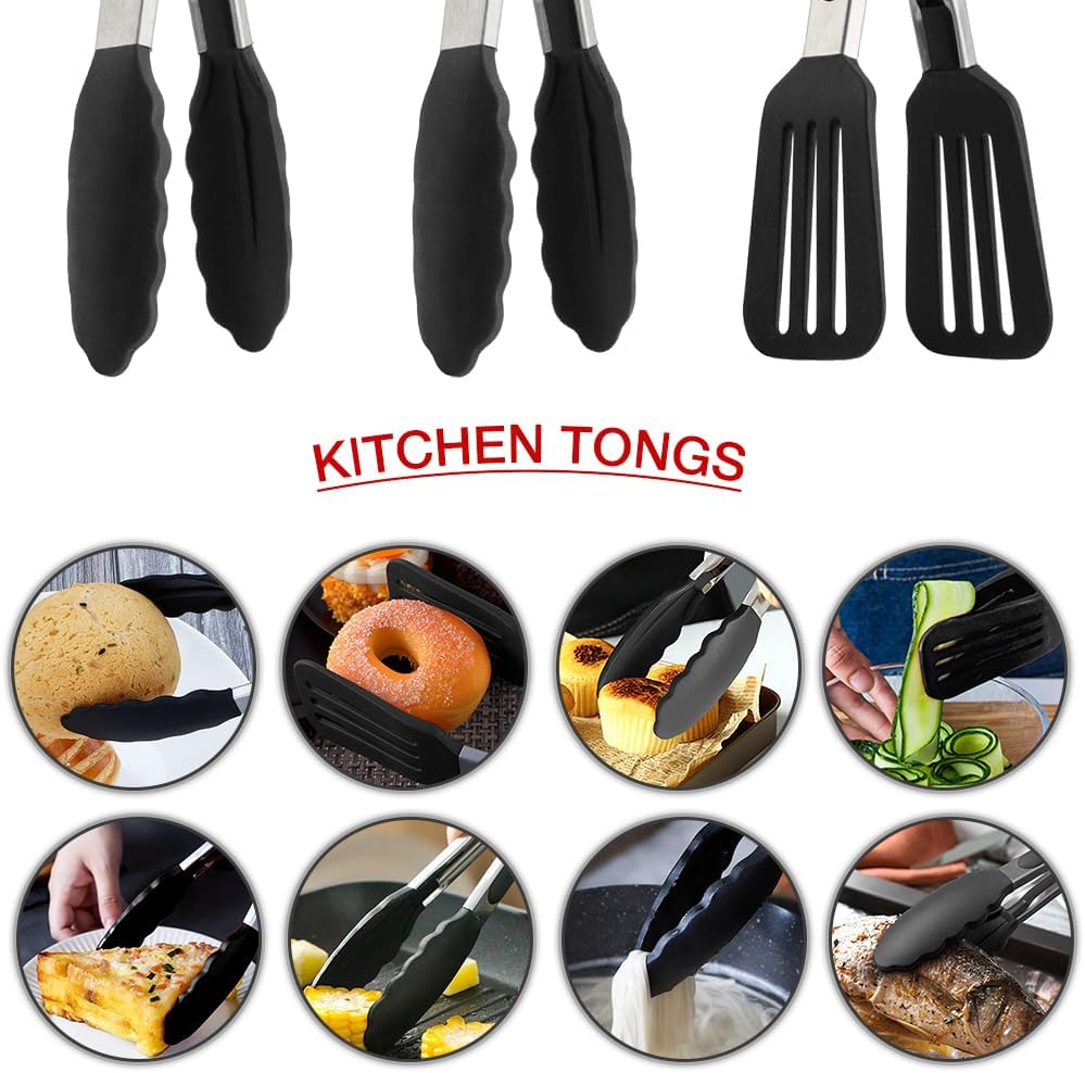 Mini Silicone Serving Tongs Set of 3, Small Kitchen Tongs (7 inch) with Silicone Tips and Stainless Steel Handle, Cooking Tongs for Salads, Pasta, Steaks, Vegetables
