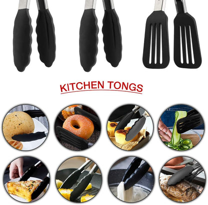 Mini Silicone Serving Tongs Set of 3, Small Kitchen Tongs (7 inch) with Silicone Tips and Stainless Steel Handle, Cooking Tongs for Salads, Pasta, Steaks, Vegetables