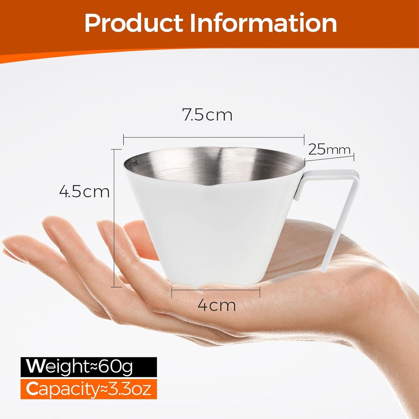 YARRAMATE 2 Pcs Espresso Cups with Handle, Stainless Steel Espresso Accessories, Double Spout Metal Measuring Cup with Dual Scale, Espresso Shot cup with V-Shaped Mouth, 3.4OZ/100ML(Silver)
