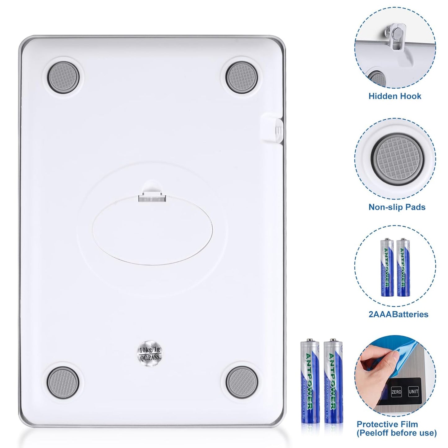 Food Scale, 22lb Digital Kitchen Scale with 1g/0.1oz Accuracy, 5 Units (g/kg/lb:oz/ml/fl.oz), Backlit LCD, 9x6.3x0.8 Inch Stainless Steel Panel, Hidden Hook, Batteries Included
