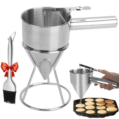 KAYCROWN Pancake Batter Dispenser, 1200ml Stainless Steel Funnel Cake Dispenser with Stand and Basting Brush, Great for Cupcakes, Waffles, takoyaki or Any Baked Goods, Batter Funnel Dispenser