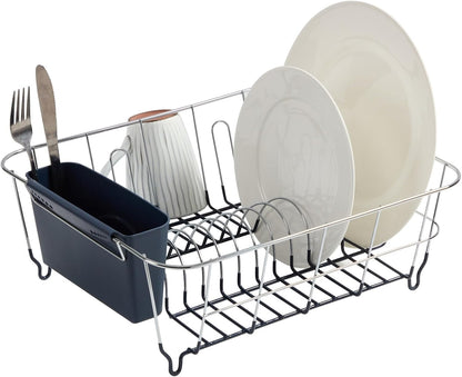 Dish Drying Rack & Cutlery Holder 2 Piece Set - Compact Sink-Fitting Dish Drainer with Rubberized Undercoating, Space-Saving Kitchen Organizer for Plates, Cups, Bowls & Utensils in Sink, Silver