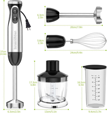 Bonsenkitchen Immersion Blender Handheld with Food Processor, 20 Speeds Hand Blender with Turbo Mode, Stainless Steel Blade, Egg Whisk, Beaker & Chopper Bowl, Hand Mixer for Smoothie, Soup, Baby Food
