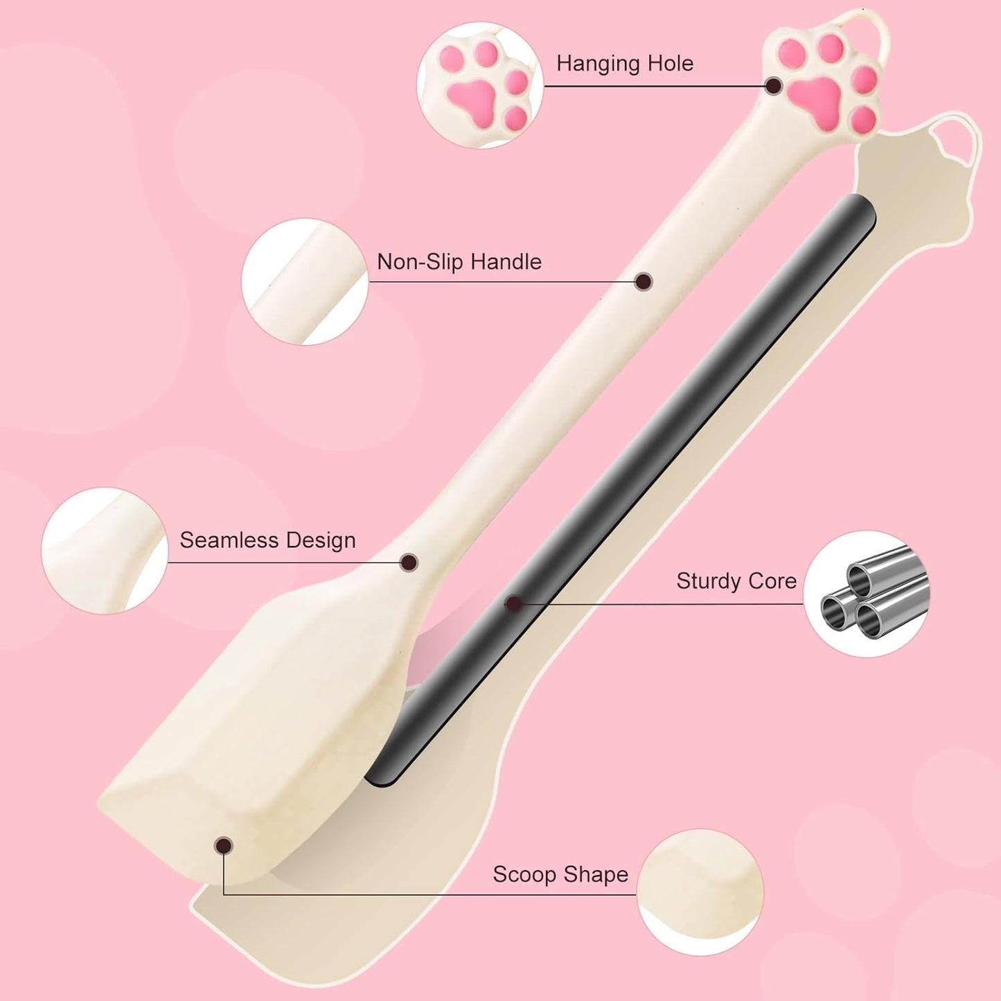 Cute Cat Paw Silicone Spatula Set - High Heat Resistant Rubber Scraper for Baking & Cooking, BPA-Free Non-Stick Kitchen Utensils, Adorable Cat Lover Gifts(2 Pack, 8.5 Inch, Cream)