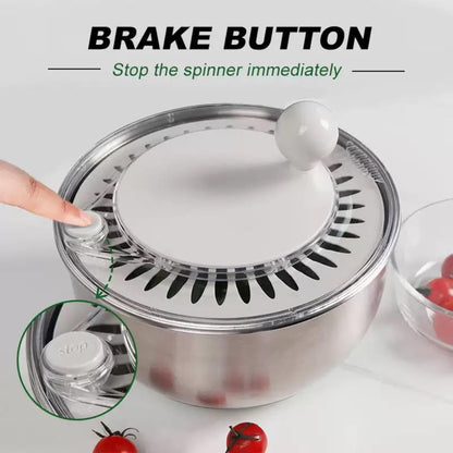 Stainless Steel Salad Spinner, 5L Capacity Vegetable Washer, Lettuce Dryer with Non-Slip Base and Stop Button, 9.65 Inch Diameter Salad Bowl Fruit Washer