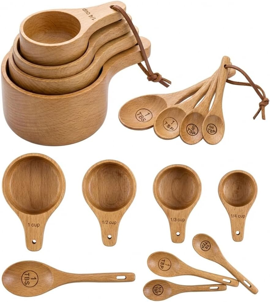 Wooden Measuring Cups and Spoons Set - Eco-Friendly Solid Acacia Wood, Laser Engraved Measurements, Perfect for Baking & Cooking - Ideal for Bakers, Chefs & Home Cooks（brown）