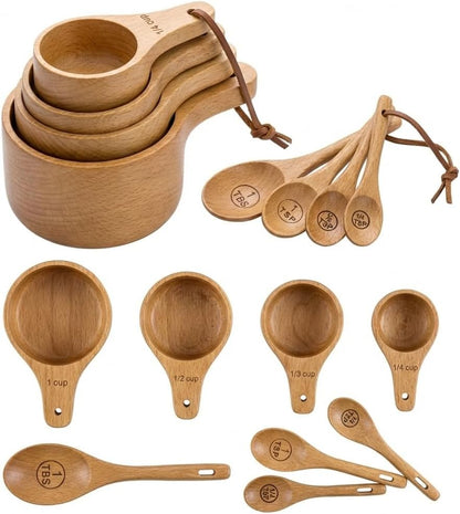 Wooden Measuring Cups and Spoons Set - Eco-Friendly Solid Acacia Wood, Laser Engraved Measurements, Perfect for Baking & Cooking - Ideal for Bakers, Chefs & Home Cooks（brown）