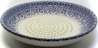BonCera, All-in-one Premium Ceramic Garlic Grater Plate 4-Piece Set - Purple Embossed Design and Style - For Garlic, Ginger, Chocolate, and more! - Comes with 5.25" Plate, Peeler, Brush, and Stand