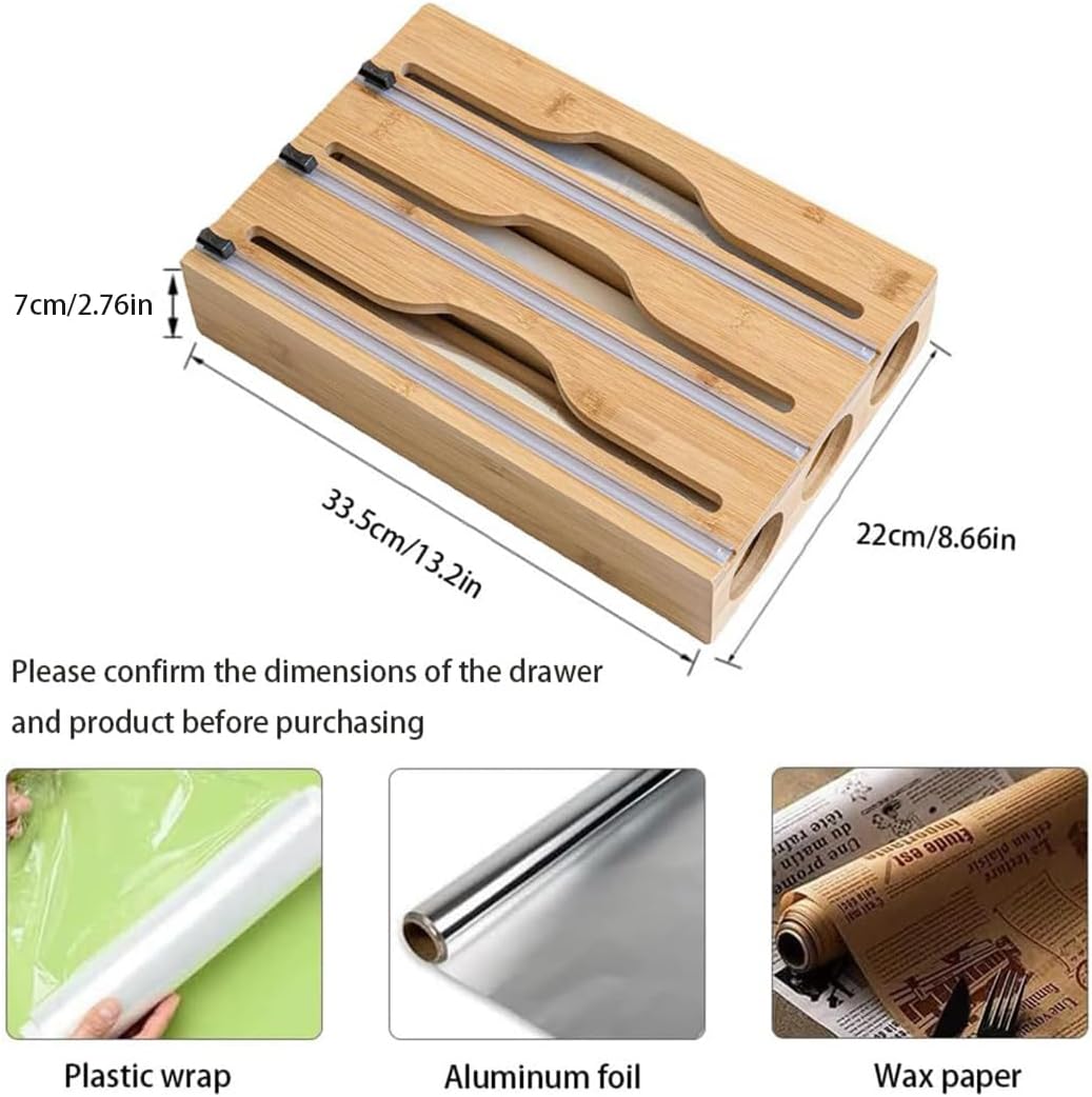 3 in 1 Plastic Wrap Dispenser with Cutter and Labels, Foil and Plastic Wrap Organizer, Aluminum Foil Organization and Storage, Foil Organizer for Drawer, Bamboo Aluminum foil Holder for 12.5"Roll Wrap
