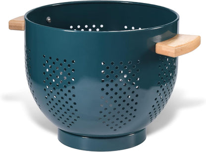 Metal Colander with Wood Handle and Stable Base, 5.5 Quart Powder Coated Steel Kitchen Strainer Basket for Draining Pasta, Vegetable and fruit,Cream