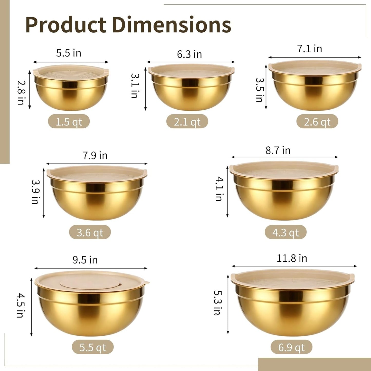 20 PCS Gold Mixing Bowls with Lids Set - 7 Mixing Bowls with 3 Graters, 8 Measuring Spoons, 1 Whisk, and 1 Food Tong, Nesting Bowl Set for Baking, Cooking, Meal Prep