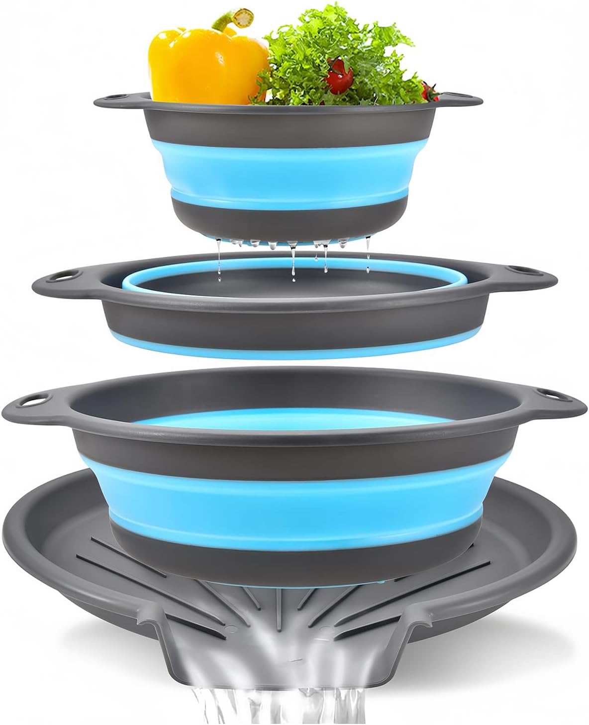 Collapsible Colanders Food Strainers, 3-Pack Foldable Kitchen Strainers with Over-Sink Water Draining Tray, Space Saving Kitchen Drainer for Vegetables, Fruit, Pasta and Rice (White-Gray)