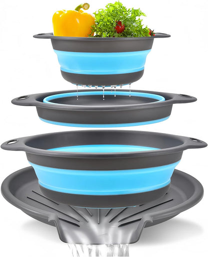 Collapsible Colanders Food Strainers, 3-Pack Foldable Kitchen Strainers with Over-Sink Water Draining Tray, Space Saving Kitchen Drainer for Vegetables, Fruit, Pasta and Rice (White-Gray)