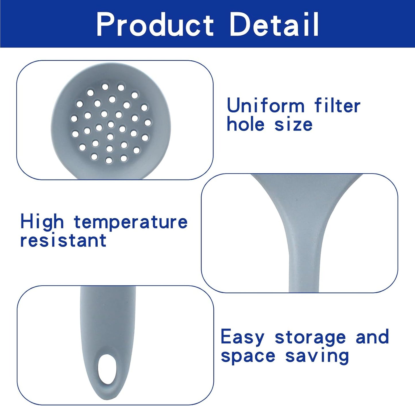 BokWin 1 Pcs Round Slotted Spoon Heat Resistant Silicone Strainer Spoon Non Stick Skimmer Spoon for Cooking Vegetable(Grey)