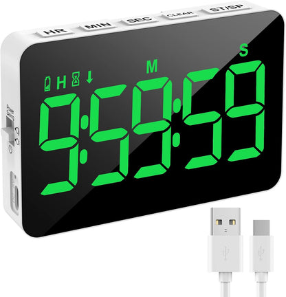 Rechargeable Digital Kitchen Timer for Cooking, Magnetic Timers with Countdown/up, Kids Timer with 5”LED Display 3 Brightness 4 Volume Adjustable for Classroom/Office/Home/Work/Study/Fitness/Game