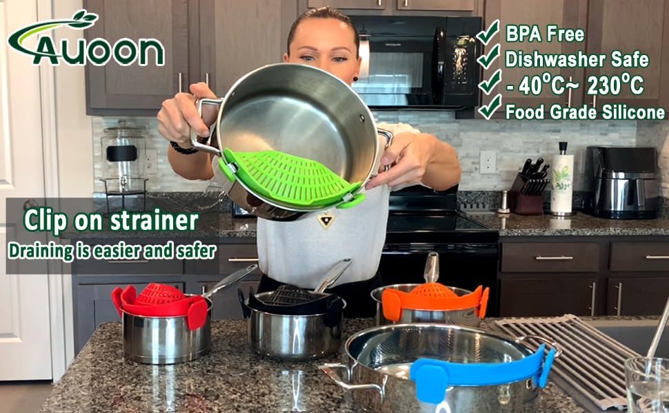Clip On Strainer Silicone Pots and Pans, Pasta Strainer Clip on Food Strainer for Meat Vegetables Fruit Silicone Kitchen Colander, Green