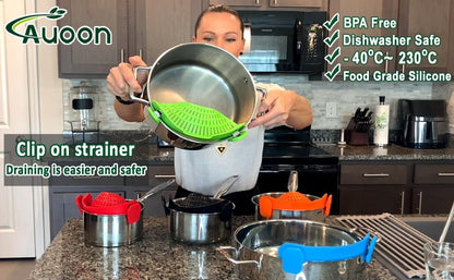 Clip On Strainer Silicone Pots and Pans, Pasta Strainer Clip on Food Strainer for Meat Vegetables Fruit Silicone Kitchen Colander, Green
