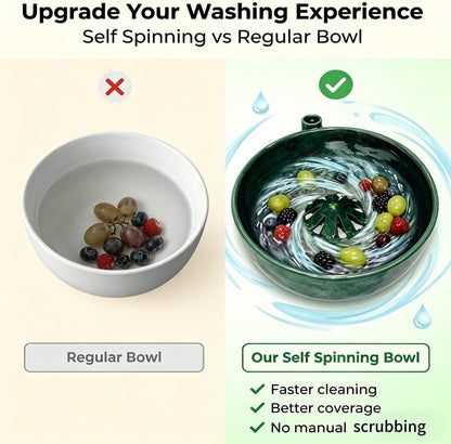 2026 Self Spinning Berry Washing Bowl Ceramic with Drain Holes, 360 Degree Cleaning Fruit Swirl Colander Center Cone, Automatic Quick Kitchen Rinse washer for Berries Vegetables Serving