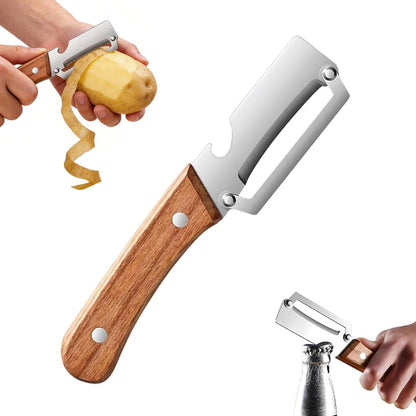 2PCS Multifunctional Vegetable Peeler for Kitchen,2-in-1 Stainless Steel Peeler Kitchen Tool with Wooden Handle and Bottle Opener for Fruit Apple Potato Pumpkin Papaya