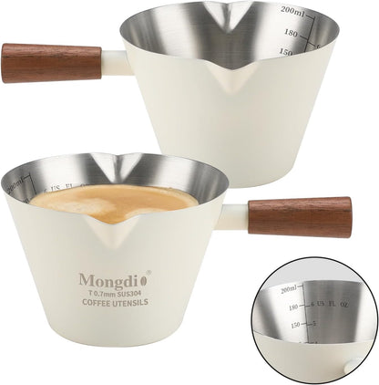 Mongdio Espresso Measuring Cup, Stainless Steel Espresso Shot Cups with Wooden Handle and Double Spouts, 6.8OZ/200ML, White