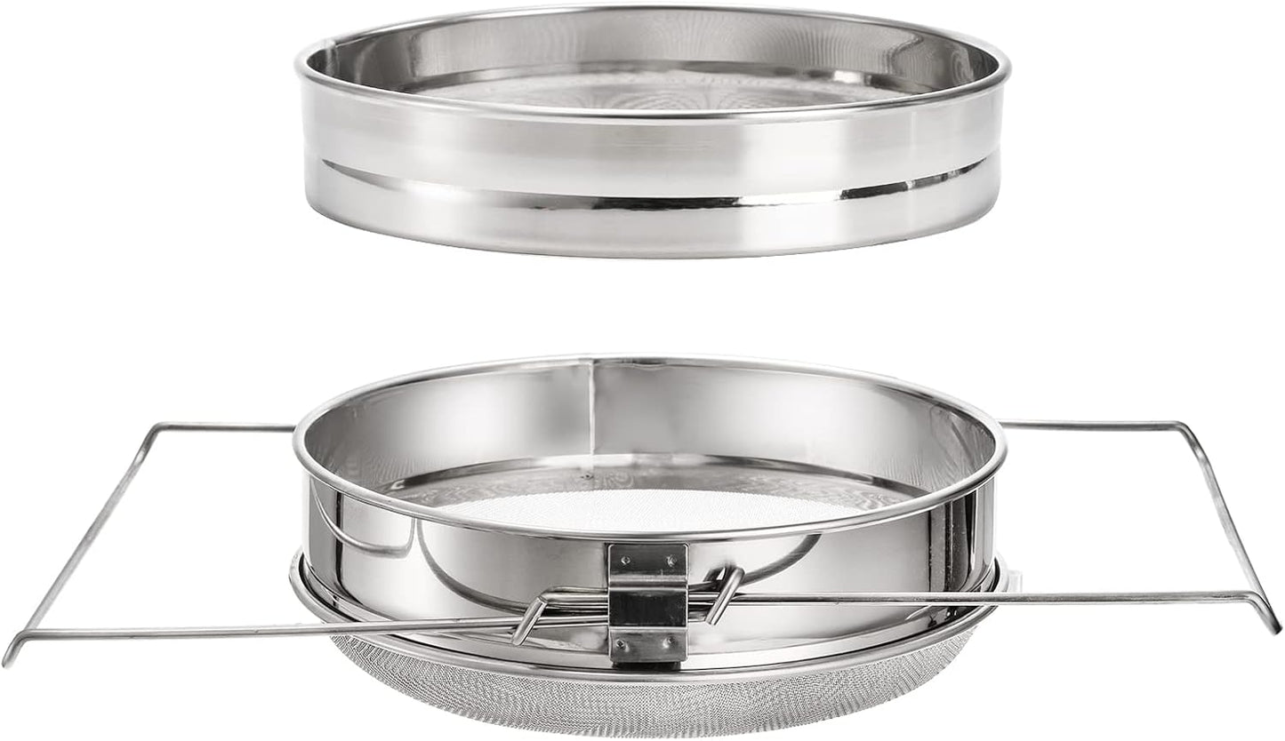 Fasmov Stainless Steel Honey Strainer, Double Sieve, Beekeeping Equipment Mesh Filter Screen, Honey Extractor Equipment, 9" Diameter x 4" Depth