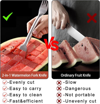 2PCS Watermelon Fork Slicer Cutter，Watermelon Fruit Tools with Melon Baller Scooper, Abnaok Stainless Steel 2-in-1 Watermelon Fork Knife, Portable Dual Head Fruit Forks for Home Party Kitchen Gadget