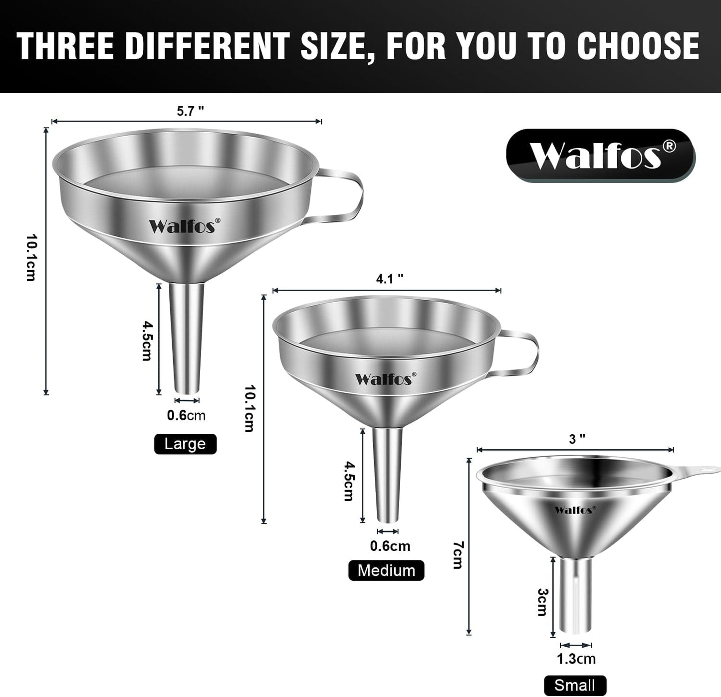 Stainless Steel Funnel, Walfos 3 Pack Kitchen Funnel with 2 Removable Strainer ＆ 1Pcs Cleaning Brush, Perfect for Transferring of Liquid, Oils, Jam, Dry Ingredients & Powder