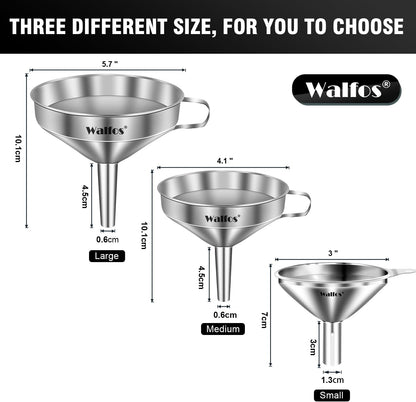 Stainless Steel Funnel, Walfos 3 Pack Kitchen Funnel with 2 Removable Strainer ＆ 1Pcs Cleaning Brush, Perfect for Transferring of Liquid, Oils, Jam, Dry Ingredients & Powder