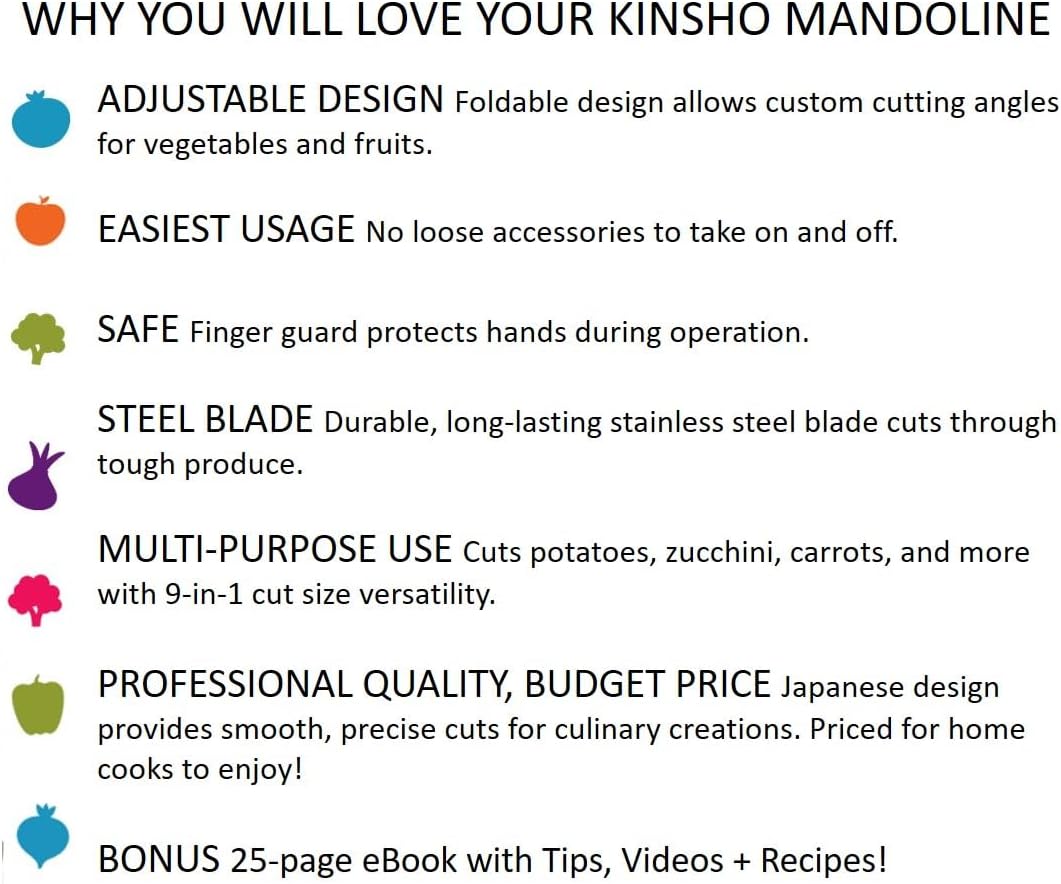 Mandolin Slicer Adjustable Mandoline | Best Hand-Held Cutter for Vegetable Potato Zucchini Food | Professional Steel Blade - Safe Finger Guard - 9-in-1 Japanese Design White