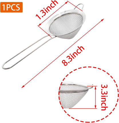 Black Fine Mesh Strainer - 304 Stainless Steel Handheld Sieve, Small Kitchen Filter for Baking, Tea & Cocktail Making(8.3inch)