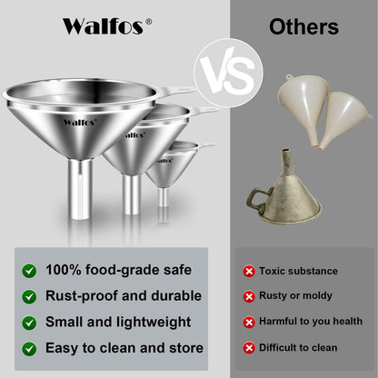 Stainless Steel Funnel, Walfos 3 Pack Kitchen Funnel with 2 Removable Strainer ＆ 1Pcs Cleaning Brush, Perfect for Transferring of Liquid, Oils, Jam, Dry Ingredients & Powder