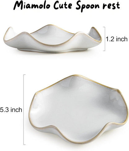 Miamolo Spoon Rest for Stove Top, Spoon Holder for Stove, 5.3In Ceramic Spoon Rest for Kitchen Counter, Coffee Spoon Holder with Ruffled Edge, Farmhouse Spatula Holder for Kitchen Decor, Beige