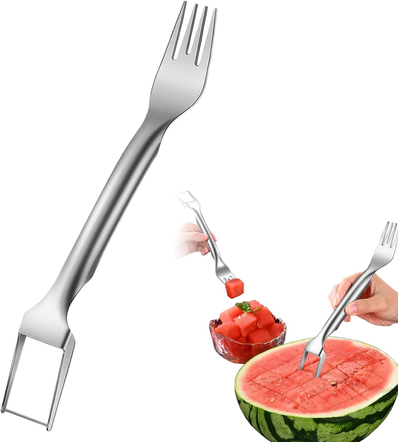 2-in-1 Watermelon Slicer Fork Stainless Steel Watermelon Cutter Tool Portable Dual Head Fruit Forks Slicer Summer Fruit Cutter for Home Kitchen