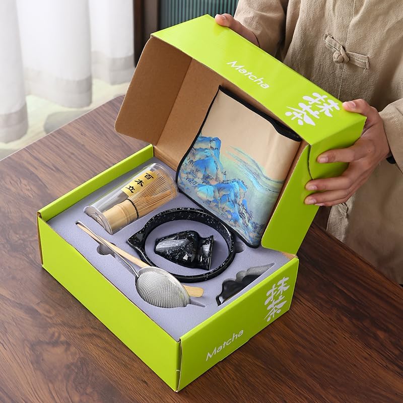 7pcs matcha whisk set Includes Matcha Bowl, Matcha Whisk Holder, Bamboo Matcha Whisk, Scoop and Matcha Sifter, 15 oz Mottled Matcha Kit for Tea Lovers matcha Set,