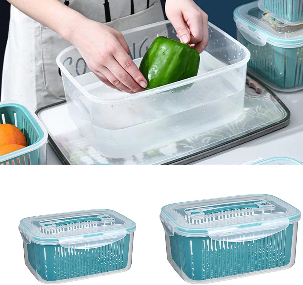 2 Pack Fruit Storage Containers for Fridge,Stackable Fresh Food Produce Saver Containers with Removable Colander, Vegetable Lettuce Keeper Bowl(Blue)