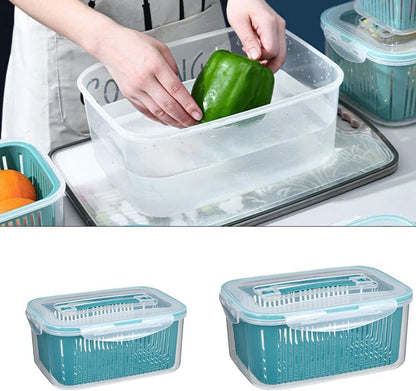 2 Pack Fruit Storage Containers for Fridge,Stackable Fresh Food Produce Saver Containers with Removable Colander, Vegetable Lettuce Keeper Bowl(Blue)