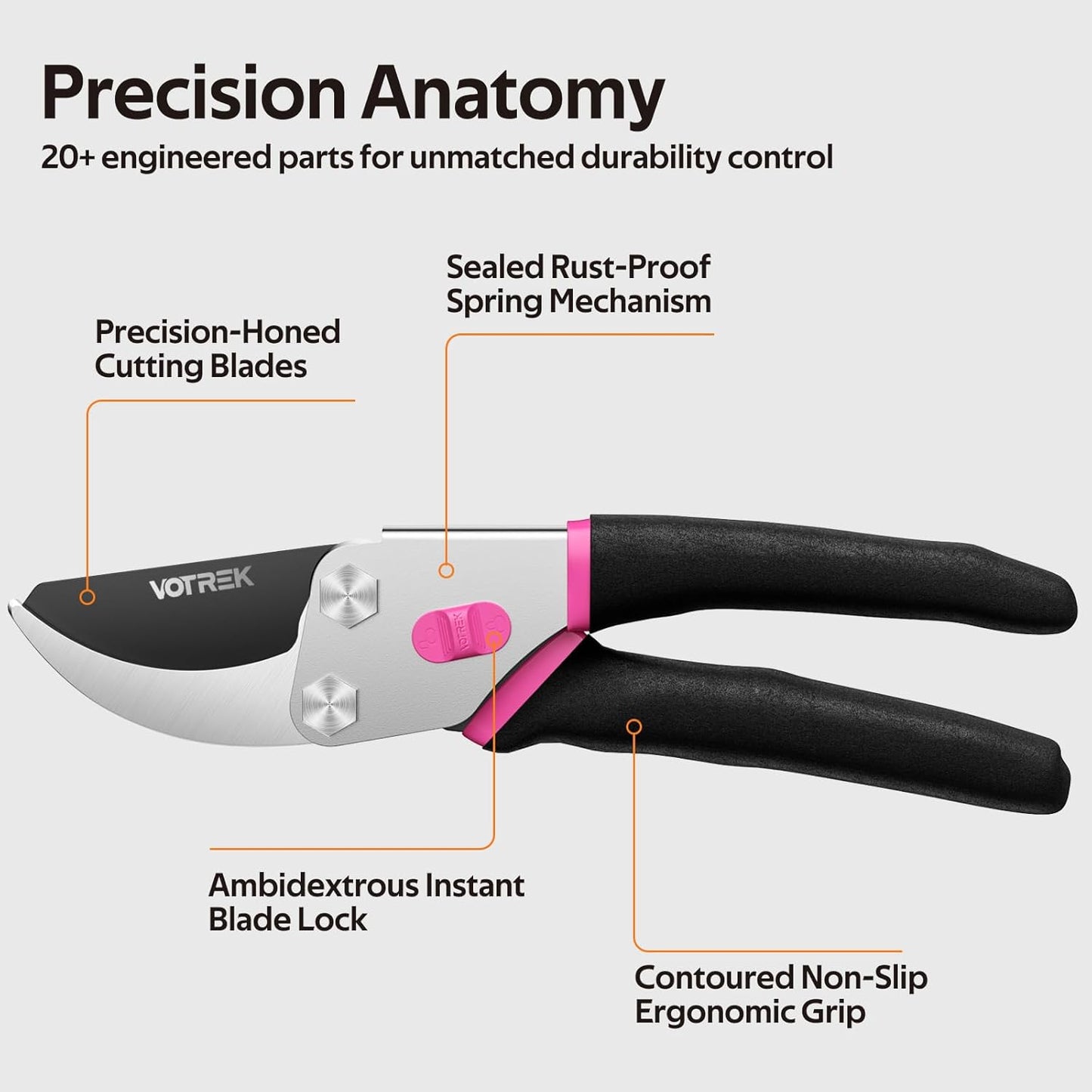 VOTREK® Pruning Shears, 8.5” Professional Garden Pruner with Jam-Proof Spring & Ever-Sharp SK5 Blade, Ergonomic Bypass Clippers for Rose, Tree Trimming, Heavy Duty Bonsai Scissor for Weak Hand