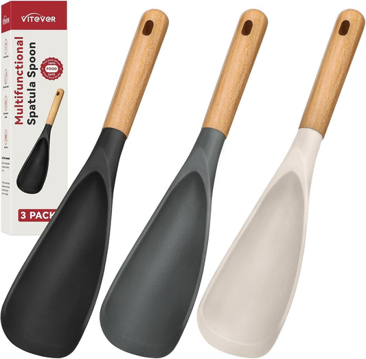 3 PACK Cooking Spatula Spoon for Nonstick Cookware, Multifunction Spoonula Great for Cooking, Serving, Baking, Mixing, Stirring, Scoop, Scrape - Sturdy BPA-Free Heat Resistant Silicone & Wood Handle