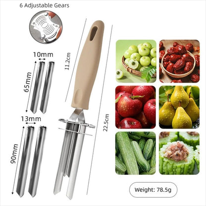 Apple Corer Tool - Stainless Steel Professional Apple Core Remover for Fruits & Vegetables, Multi-Purpose Corer Tool Kitchen with Storage Hook (Khaki)