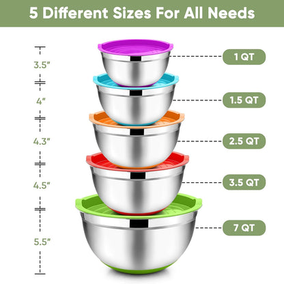 TeamFar Mixing Bowls with Lids Set, 7/3.5/2.5/1.5/1 QT, Stainless Steel Large Red Nesting Metal Salad Mixing Bowl Set of 5, Healthy & Easy Clean, Airtight Lid & Non-slip Bottom