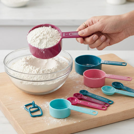 Farberware Kitchen Basics Measuring Cup & Spoon Set – 9-Piece Colorful Nesting Stackable Cups & Spoons with Ring Organizer, Easy-Read Markings for Cooking & Baking, Durable Plastic Kitchen Tools