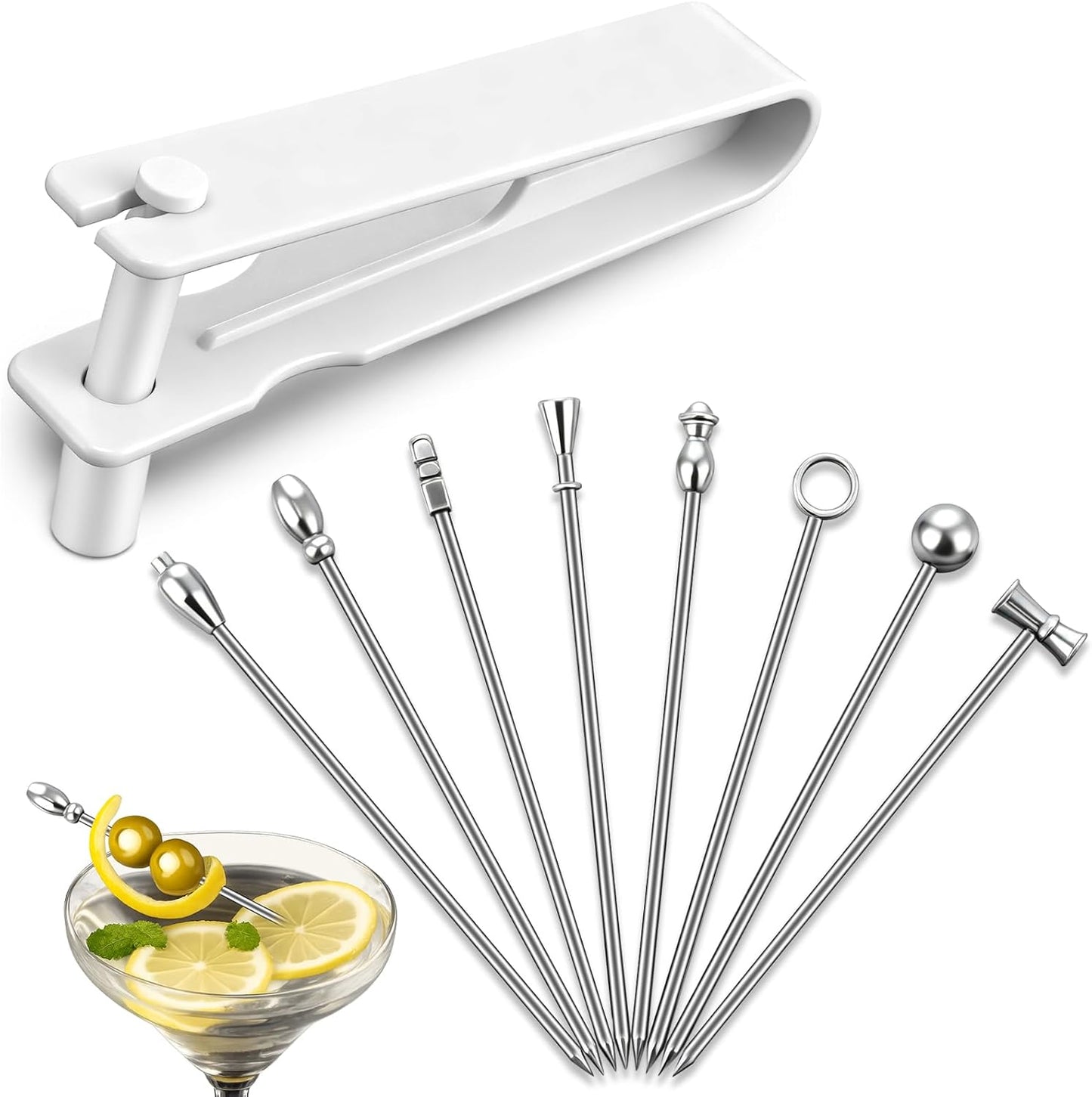 Olive Stuffer Tool Set & 8 Stainless Steel Martini Picks, Food Grade Olive Stuffing Tool for Stuffed Olives, Blue Cheese and Garlic Fillings, Reusable Cocktail Picks for Martinis, Drinks