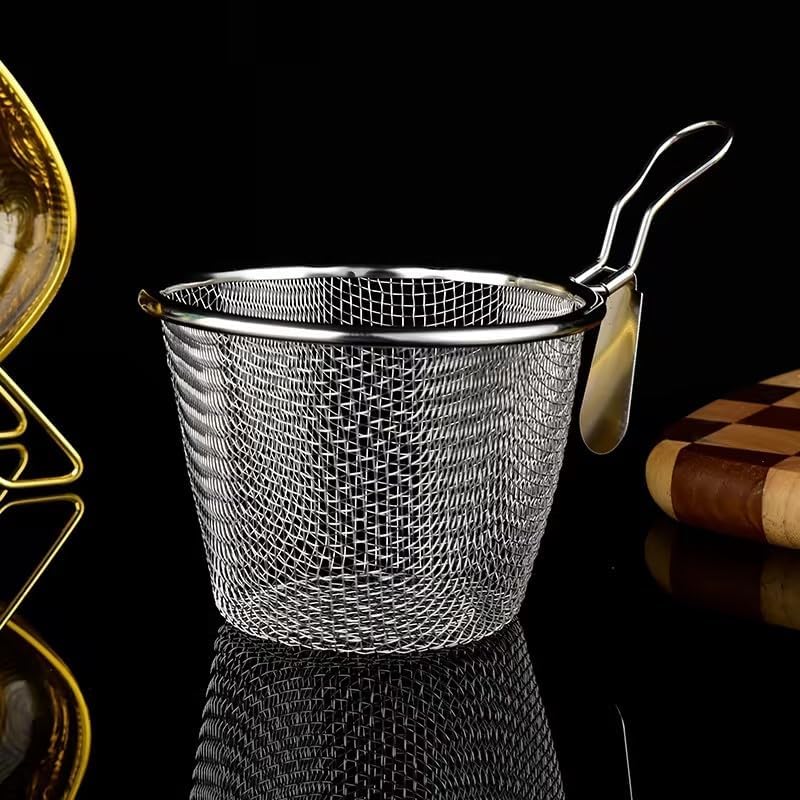Stainless Steel Pasta Basket, Fine Mesh Strainer with Handle, Mesh Spider Food Dumpling Noodle Strainer Food Strainers (Silver)