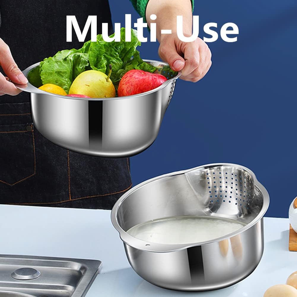 Lavvi Stainless Steel Rice Washing Bowl Versatile 3 in 1 Colander Strainer for Kitchen Vegetables Fruits Silver 9.84 in